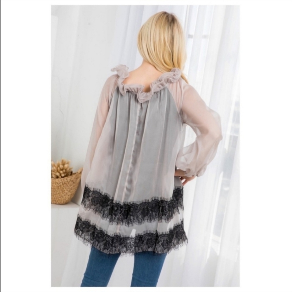 NWT Ryu Mauve Ruffled Neck Flowy Tunic Long Top Blouse w/ Black Floral Lace - Picture 16 of 17